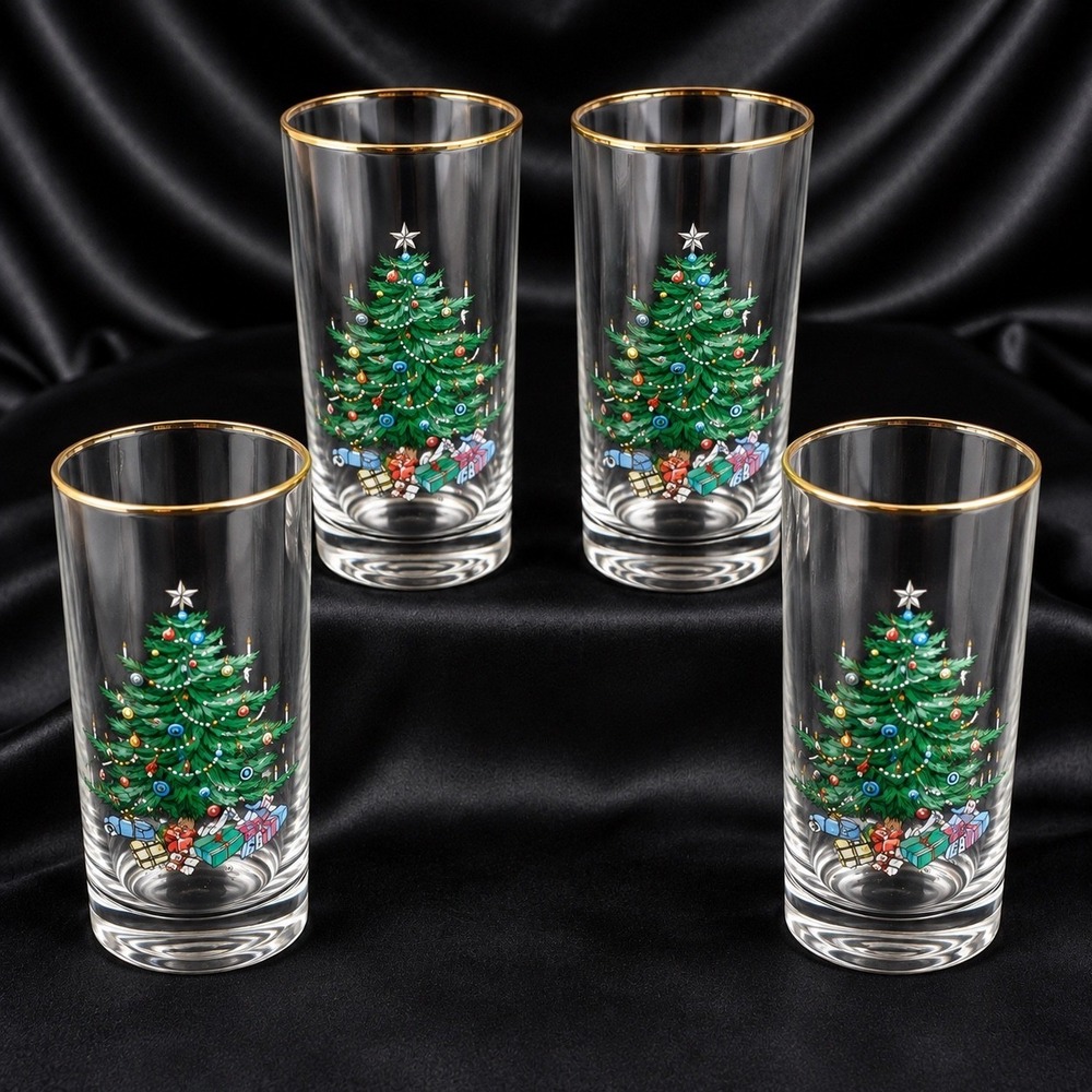 Spode Christmas Tree Highball Glasses Set of 4 Gold Trim 5.75 Inch Holiday